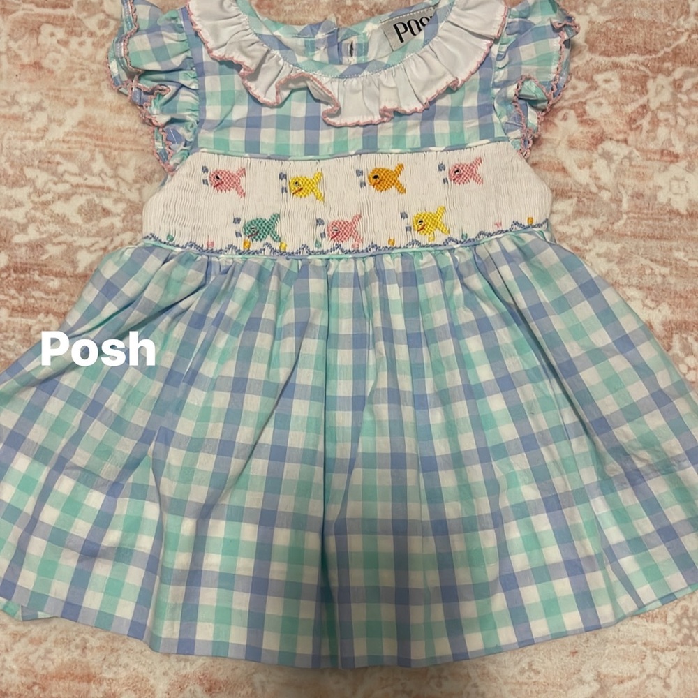 Posh Blue Gingham Dress with Fish Embroidery